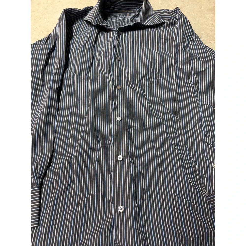 Banana Republic Mens Striped Dress Shirt Black Blue White Long Sleeve Size L